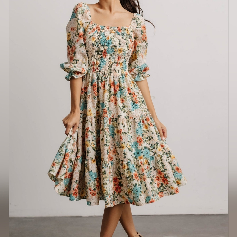 BALTIC BORN Martha Smocked Cream Blue Midi Dress 1X New W/O Tag $113 On Website
